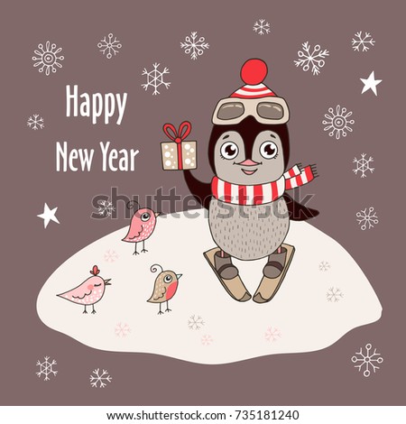 Christmas and Happy New year card with little cartoon penguin skier. Hand drawn holiday illustration isolated on dark background. Cute crafted design for greeting cards and prints.