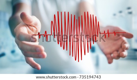 Businessman on blurred background touching and holding heart beat sketch Royalty-Free Stock Photo #735194743