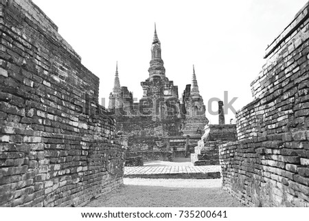 View of  Historical park in Thailand, World Heritage by UNESCO. This image was blurred or selective focus. Black and white picture.