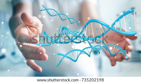 Businessman on blurred background using modern DNA structure 3D rendering Royalty-Free Stock Photo #735202198