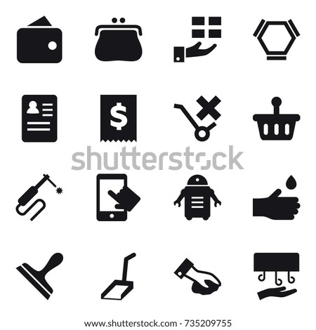 16 vector icon set : wallet, purse, gift, hex molecule, hand drop, scraper, scoop, wiping, hand dryer