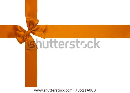 Single orange silk gift bow with tails with cross two ribbons isolated on white