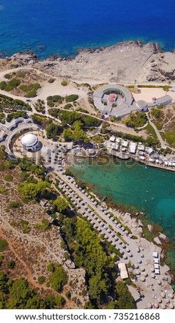 Aerial birds eye view photo taken by drone of iconic thermal springs of Kalithea with turquoise clear waters, Rhodes island, Greece