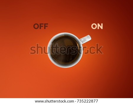 Creative concept of coffee cup. Cup off coffee as a switcher on red background.