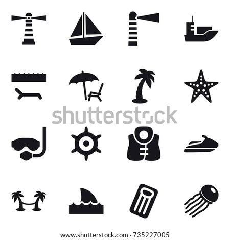 16 vector icon set : lighthouse, boat, lounger, palm, starfish, diving mask, handwheel, life vest, jet ski, palm hammock, shark flipper, inflatable mattress, jellyfish