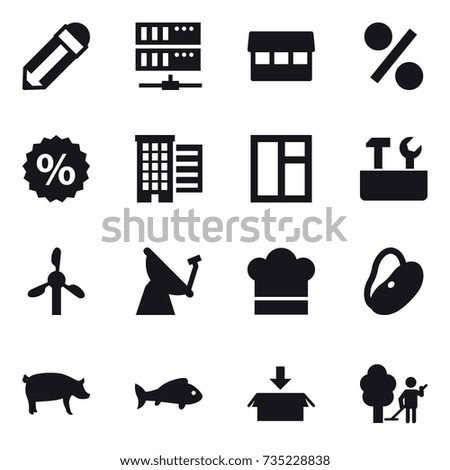16 vector icon set : pencil, server, market, percent, houses, window, repair tools, cook hat, pig, fish, package, garden cleaning
