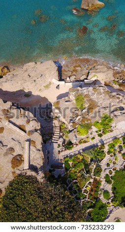 Aerial birds eye view photo taken by drone of Rhodes island town nearby beach, Dodecanese, Aegean, Greece