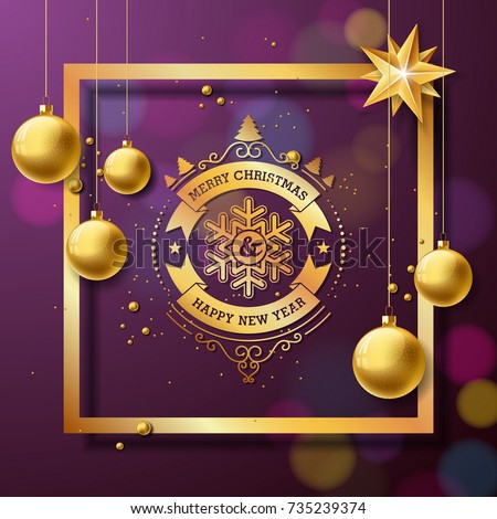 Merry Christmas and Happy New Year Illustration with typography and gold glass balls on purple background. Vector Holiday design for greeting cards, banner, poster, gift