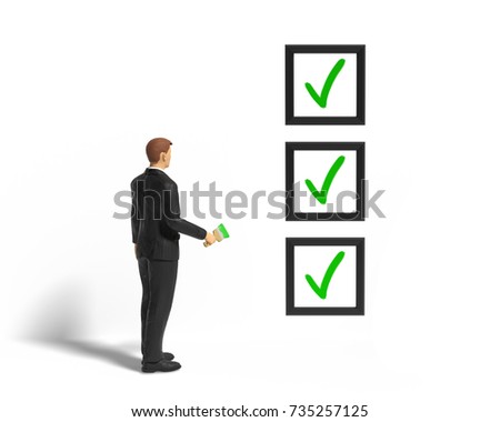 miniature figurine businessman character with checklist and brush with green paint in front of a wall, isolated on white background