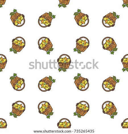 Seamless pattern with hand drawn doodle Harvest icon - basket full of apple on white Vector illustration. Thanksgiving traditional symbol of hospitality and autumn harvest. Grape with leaves and vine