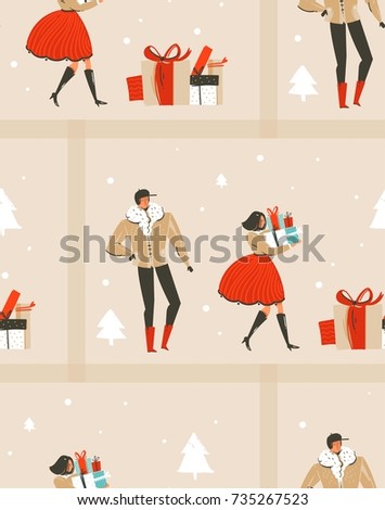Hand drawn vector abstract fun Merry Christmas time cartoon illustration seamless pattern with people walking in winter clothing and surprise gift boxes isolated on blue background.