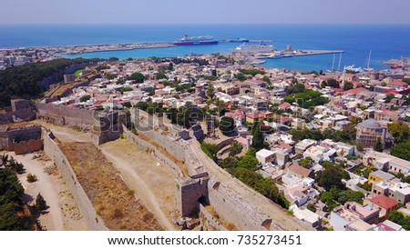 Aerial birds eye view photo taken by drone of Rhodes island old fortified town, a popular tourist destination, Dodecanese, Aegean, Greece