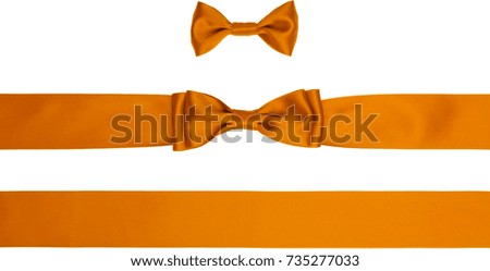 Two orange satin thin bows with two ribbons on white background