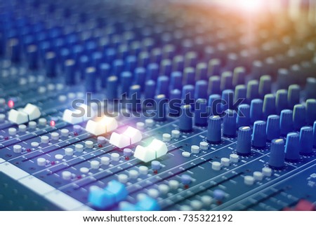 Mixer.Sound mixer controller in the control room.Sound mixer control for live music and studio equipment.This is a quality audio system for professionals.