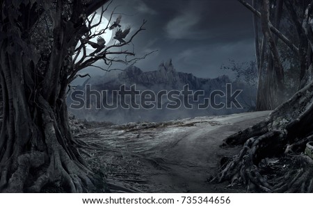 Dead cliff road on the dead mysterious forest with three crows on the night. Scary Halloween concept. Royalty-Free Stock Photo #735344656
