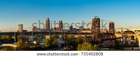 Panoramic view of Cleveland Ohio with bridges spanning the Cuyahoga, just before sunset