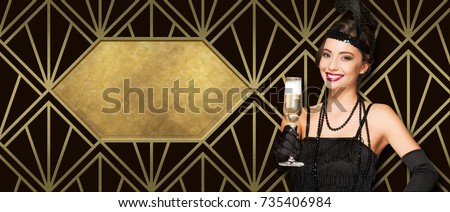 Art deco style new year party girl on golden patterns. Royalty-Free Stock Photo #735406984