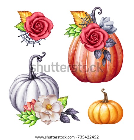 watercolor floral pumpkins, Halloween illustration set, autumn design elements, fall, holiday clip art isolated on white background