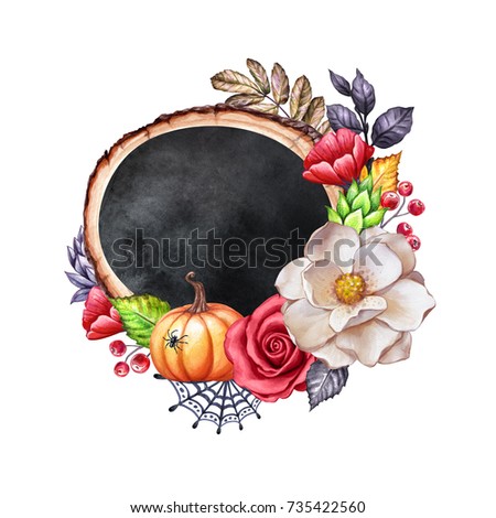 watercolor Thanksgiving card design, flowers, pumpkin, wooden slice, round chalkboard banner, farm harvest, Halloween illustration, autumn, fall holiday clip art isolated on white background