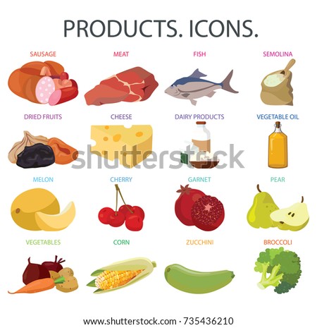 Food. Fruits, vegetables, fats, meat, cereals, dairy products. For your convenience, each significant element is in a separate layer. Eps 10 Royalty-Free Stock Photo #735436210