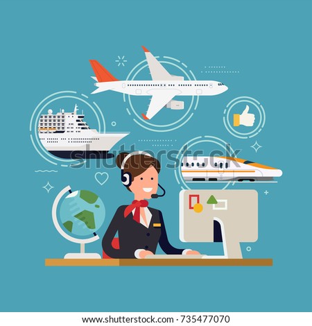 Friendly travel agent ready to serve in choosing and selling tour, cruise, airway or railway tickets or vacation package, flat design, vector. Concept illustration on travel and tourism Royalty-Free Stock Photo #735477070