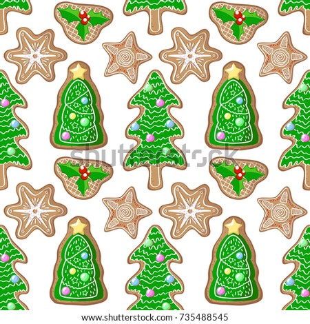 Christmas tree and holly jolly gingerbread figurines vector pattern. Christmas gingerbread seamless pattern on white background. New Year seasonal decor. Christmas wrapping paper. Gingerbread pattern