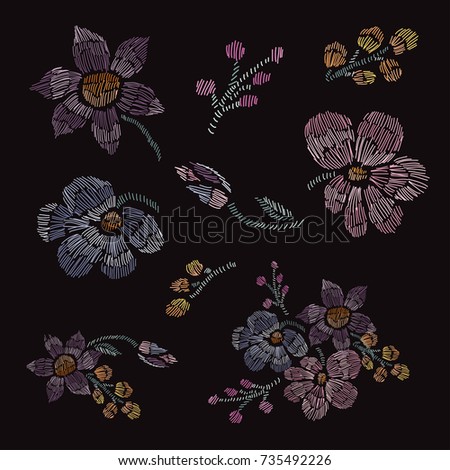 Elegant embroidered floral elements for design. Can be used for cards, invitations, fashion ornaments, fabrics, manufacturing, clothing design. Embroidery style decorative flowers. Editable