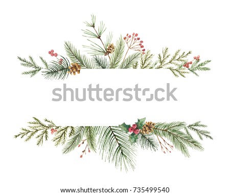 Watercolor Christmas wreath with fir branches and place for text. Illustration for greeting cards and invitations isolated on white background.