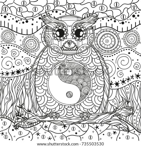 Owl. Background. Square mandala. Yin and Yang. Hand drawn bird with abstract patterns on isolation background. Design for spiritual relaxation for adults. Black and white illustration for coloring