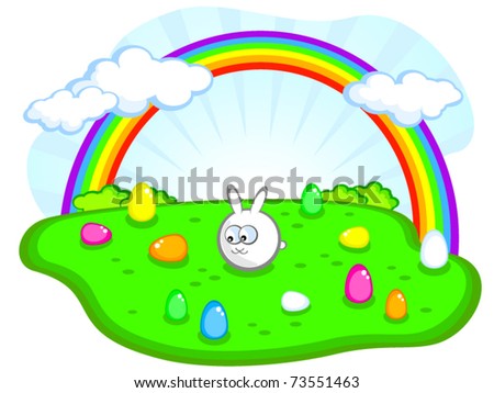 Vector image. Dear Easter Bunny on the meadow. Around him colorful Easter eggs. Rainbow in the sky. Child.