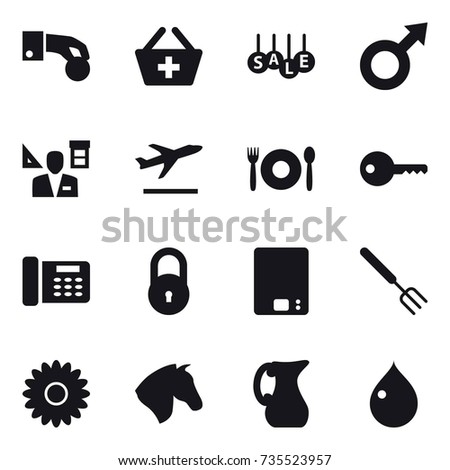 16 vector icon set : hand coin, add to basket, sale, architector, departure, cafe, key, kitchen scales, big fork, flower, horse, jug, drop