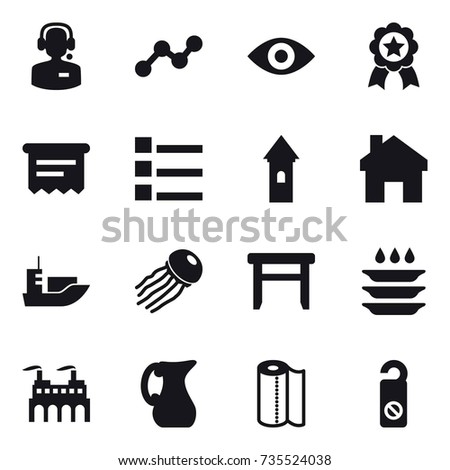 16 vector icon set : call center, graph, eye, medal, atm receipt, list, tower, home, jellyfish, stool, plate washing, jug, paper towel, do not distrub