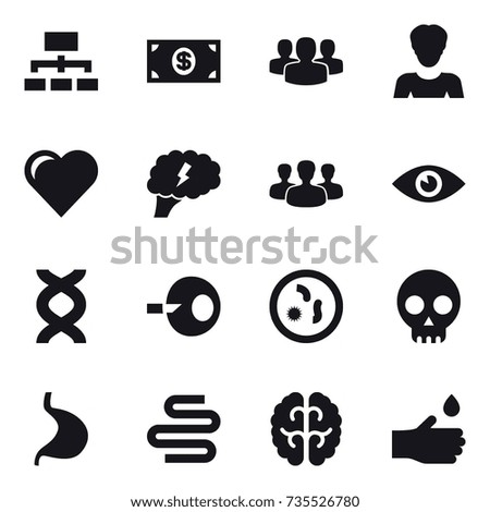 16 vector icon set : hierarchy, money, group, woman, heart, brain, hand drop