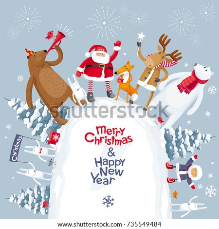 Christmas Party on winter snow mountain with the participation of Santa Claus and funny cartoon forest animals: elk, deer, fox, hares and bears. For posters, banners, sales and other winter events.