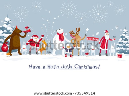 Christmas Party fireworks in winter forest. Party with participation of Santa Claus and funny forest animals: elk, deer, fox, hares and bears. For posters, banners, sales and other winter events. Royalty-Free Stock Photo #735549514
