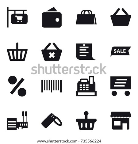 16 vector icon set : shop signboard, wallet, shopping bag, basket, delete cart, shopping list, sale, percent, barcode, cashbox, delivery, mall, shop