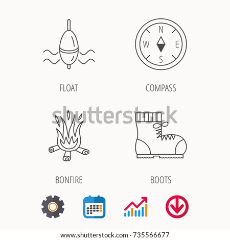 Bonfire, fishing float and hiking boots icons. Compass linear sign. Calendar, Graph chart and Cogwheel signs. Download colored web icon. Vector