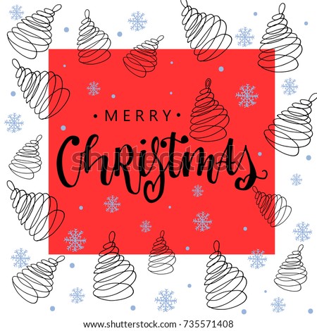 Merry Christmas card. Hand drawn greeting phrase. Modern brush calligraphy. Isolated on red background.