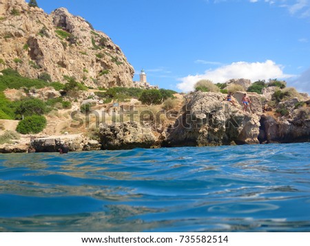 Sea level photo from archaeological site of Heraion and lighthouse of Melagavi in Loutraki, Greece