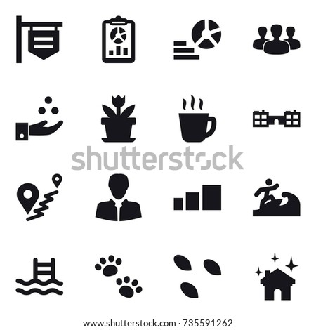 16 vector icon set : shop signboard, report, diagram, group, chamical industry, flower, hot drink, school, surfer, pool, pets, seeds, house cleaning