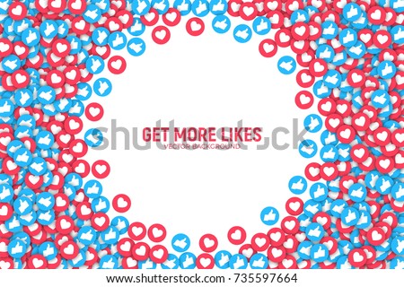 Vector 3D Social Network Blue and Red Like Icons Abstract Conceptual Illustration Isolated on White Background. Design Elements for Web, Internet, App, Marketing, SMM, CEO, Business, Analytics