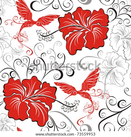 Seamless floral pattern whit hibiscus and hummingbird