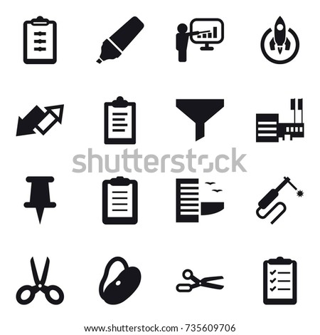 16 vector icon set : clipboard, marker, presentation, rocket, up down arrow, funnel, mall, hotel, scissors, clipboard list