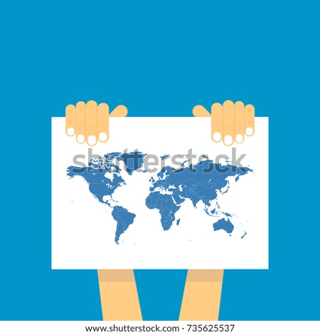 hands hold a table with a map on a blue background