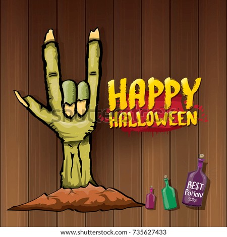 Happy halloween vector greeting card with zombie hand and greeting text on dark wooden background. vector halloween background