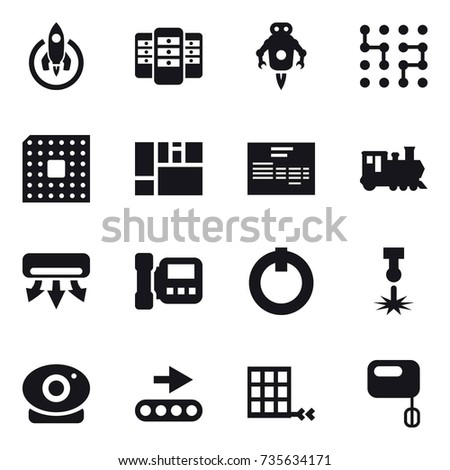 16 vector icon set : rocket, server, jet robot, chip, cpu, train, air conditioning, intercome