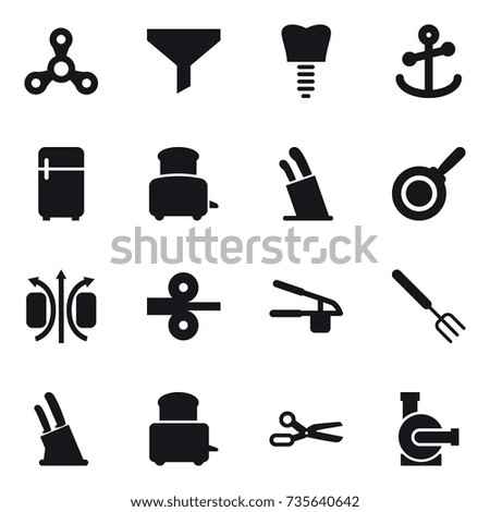 16 vector icon set : spinner, funnel, fridge, toaster, stands for knives, pan, garlic clasp, big fork, knife holder, scissors, water pump