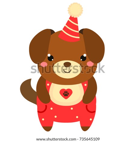 Cute puppy dog in party hat. Cartoon kawaii animal character. Vector illustration for kids and babies fashion.