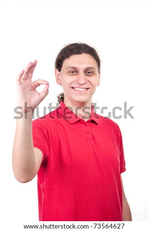 The man with long hair is showing ok gesture. Isolated on white