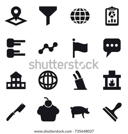 16 vector icon set : pointer, funnel, globe, report, diagram, graph, flag, message, cottage, stands for knives, fireplace, chef knife, pig, scraper